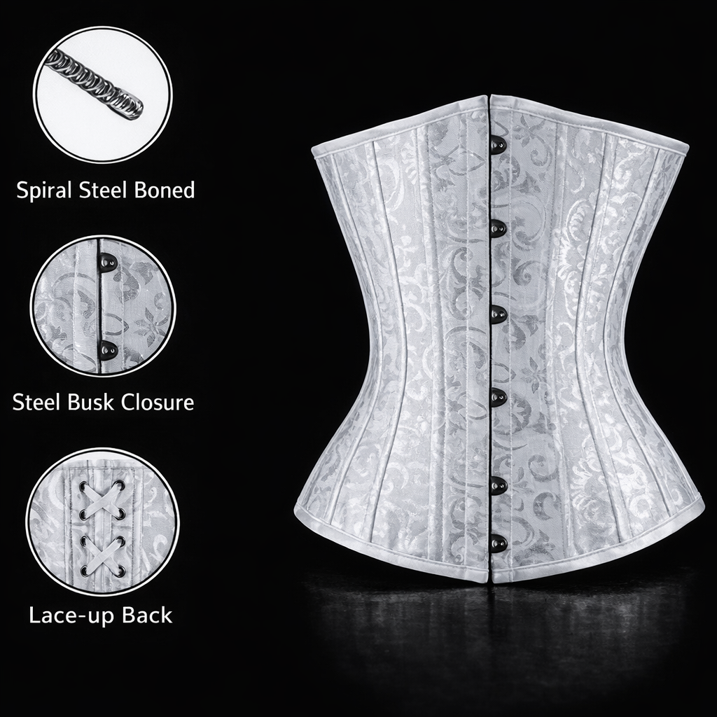 Perfect White Brocade Underbust Waist Slimming Bridal Corset with 14 Steel Bones